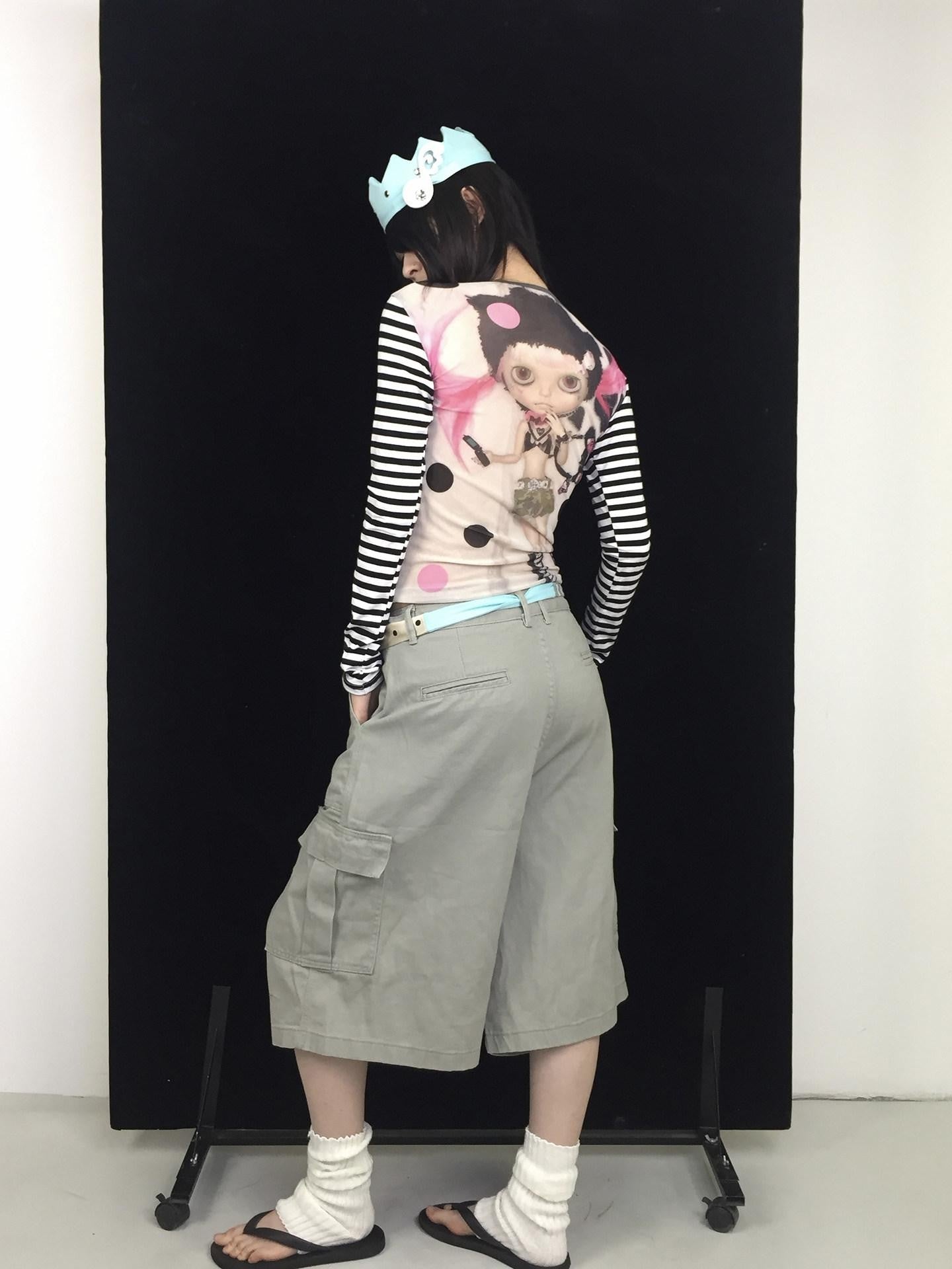 Ttsunami Doll Face Mesh Print Letter High Neck Slim Women&
