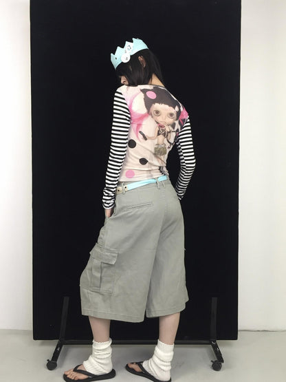 Ttsunami Doll Face Mesh Print Letter High Neck Slim Women&