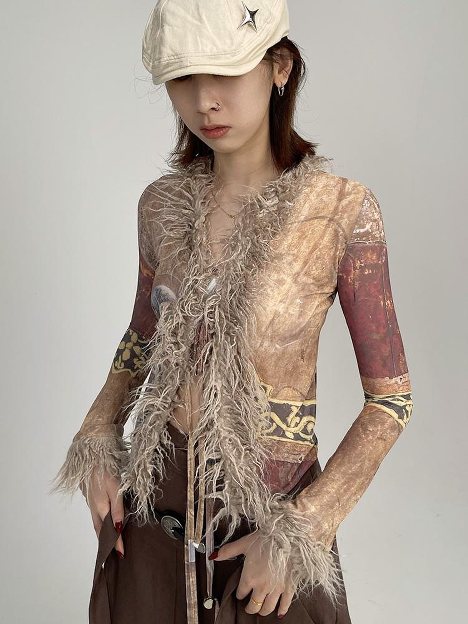 Ttsunami Ethnic Print Tassel V-neck Slim Women&