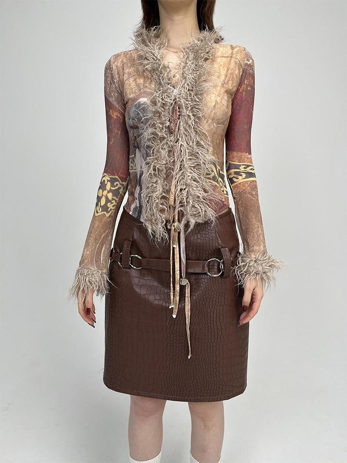 Ttsunami Ethnic Print Tassel V-neck Slim Women&