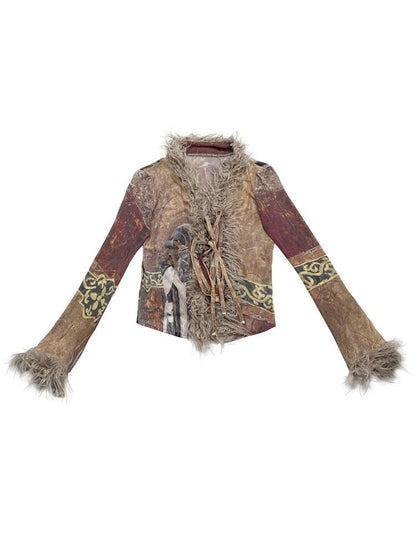 Ttsunami Ethnic Print Tassel V-neck Slim Women&