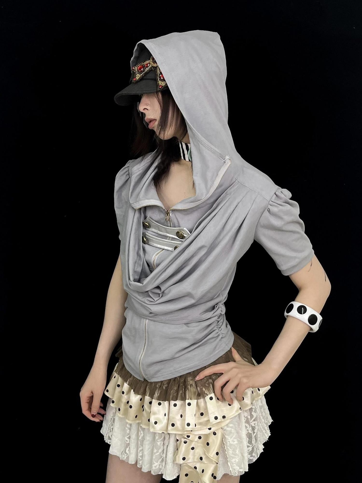 Ttsunami Gray Court Metal Zipper Hooded Drape Neck Women&