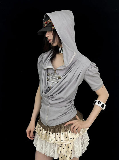 Ttsunami Gray Court Metal Zipper Hooded Drape Neck Women&
