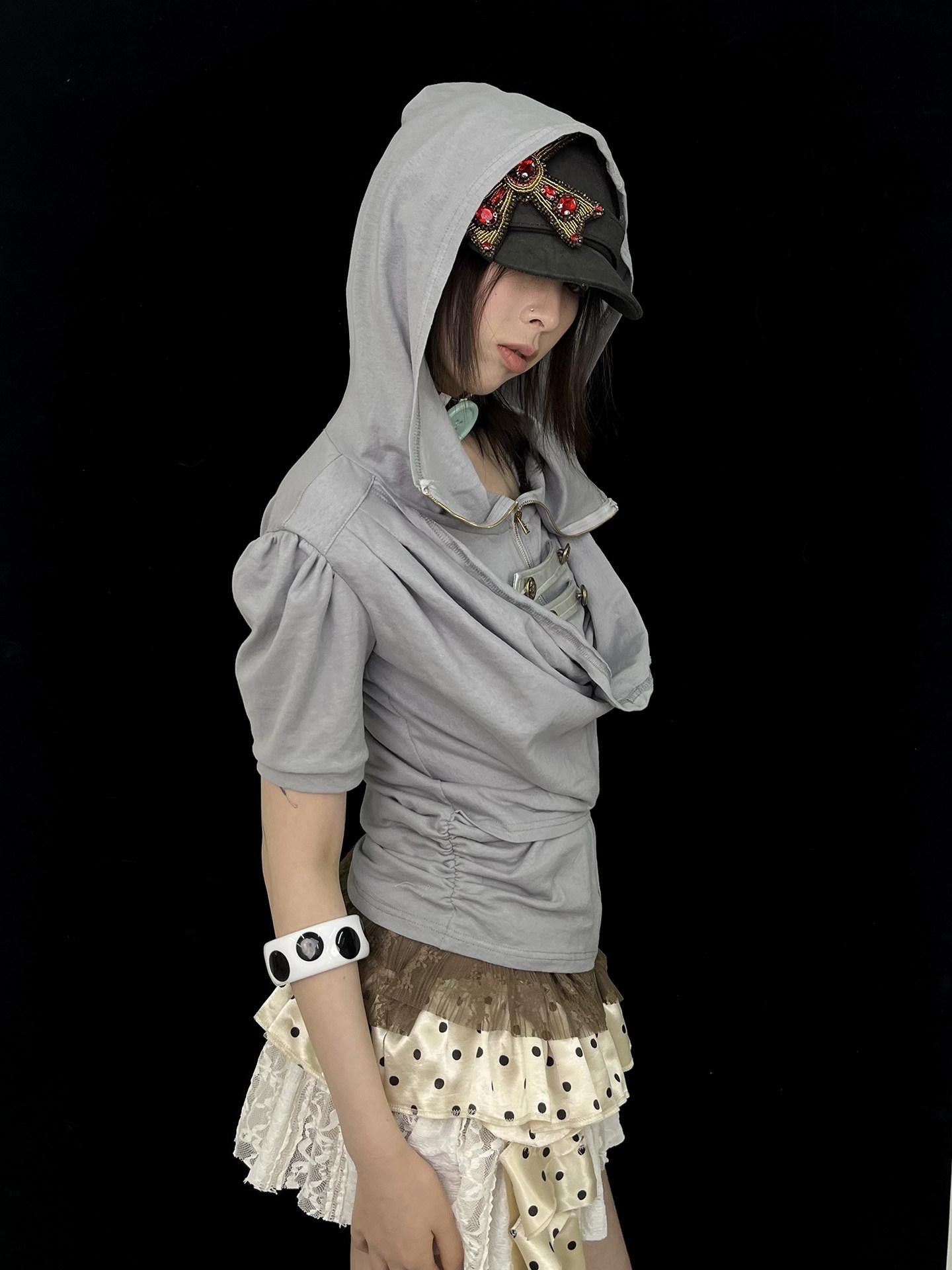 Ttsunami Gray Court Metal Zipper Hooded Drape Neck Women&