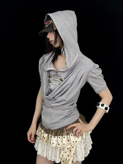 Ttsunami Gray Court Metal Zipper Hooded Drape Neck Women&