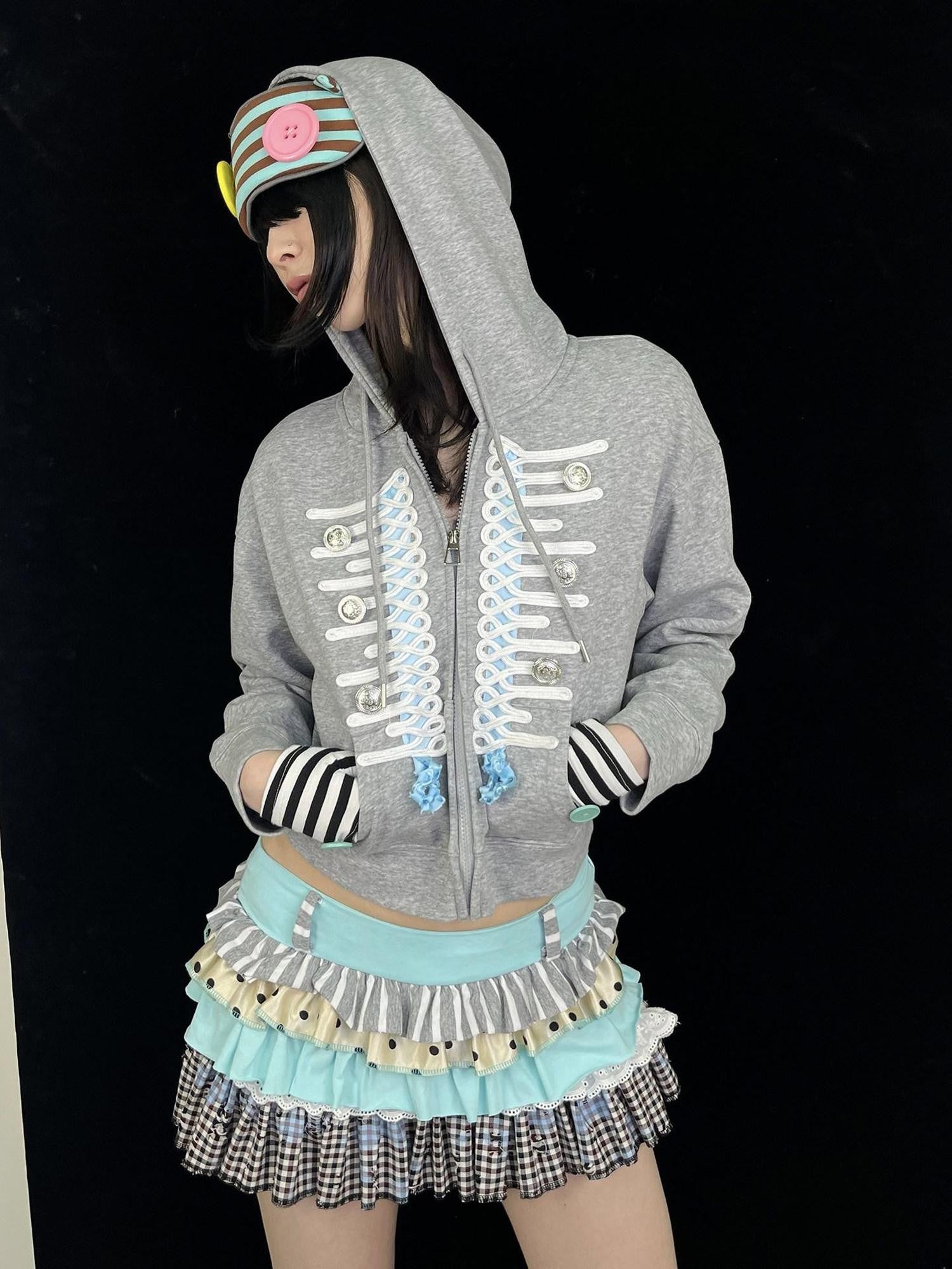 Ttsunami Gray Embroidered Frog Button Court Style Striped Women&