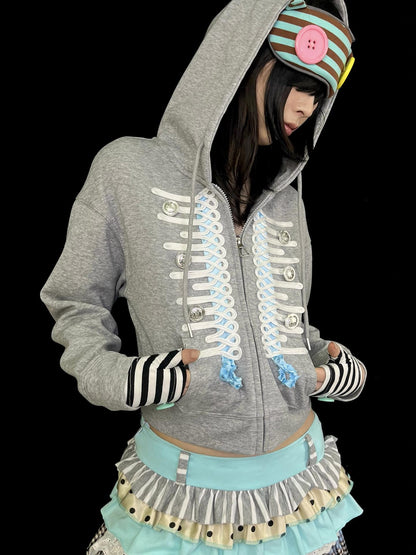 Ttsunami Gray Embroidered Frog Button Court Style Striped Women&