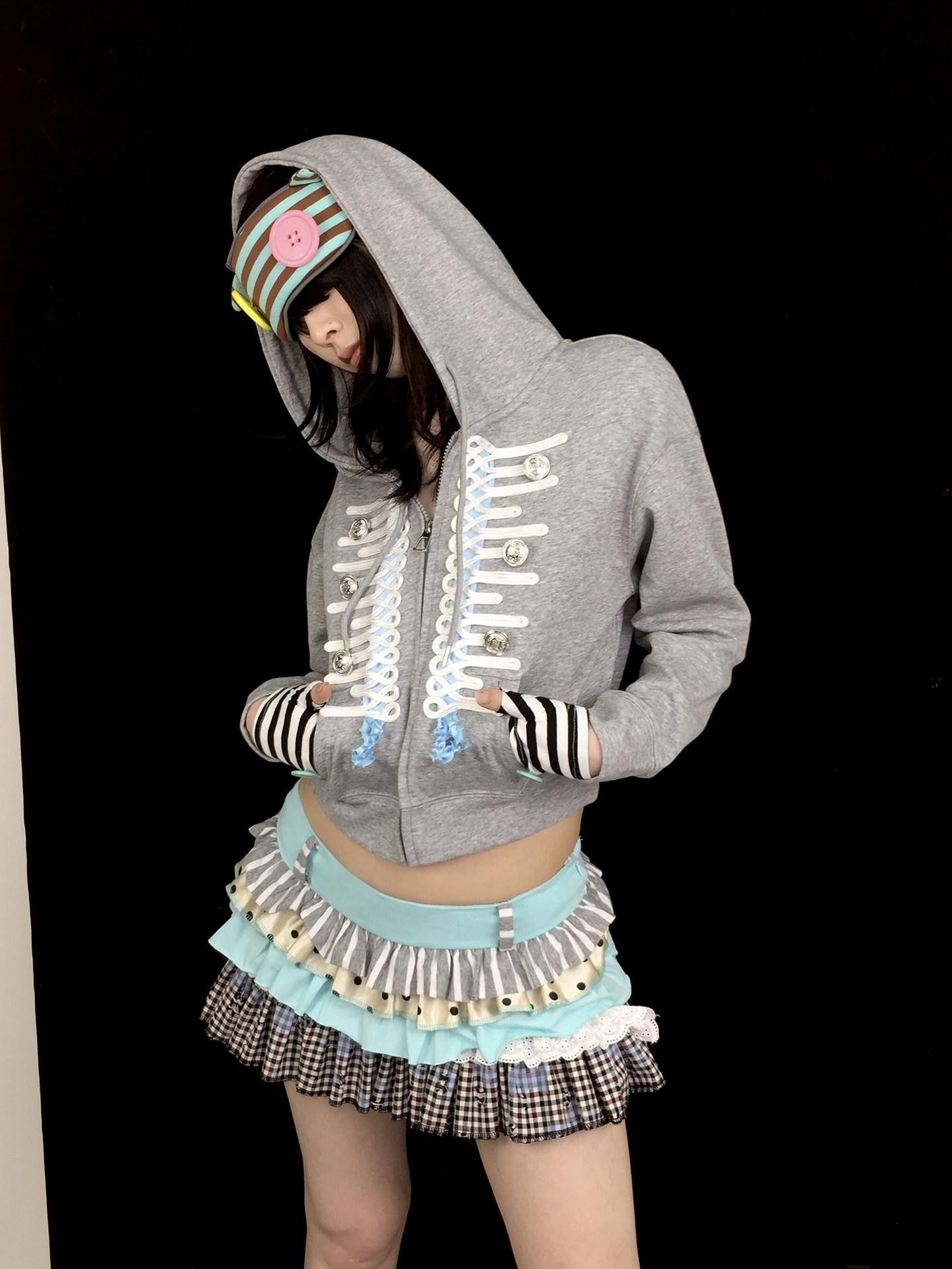 Ttsunami Gray Embroidered Frog Button Court Style Striped Women&