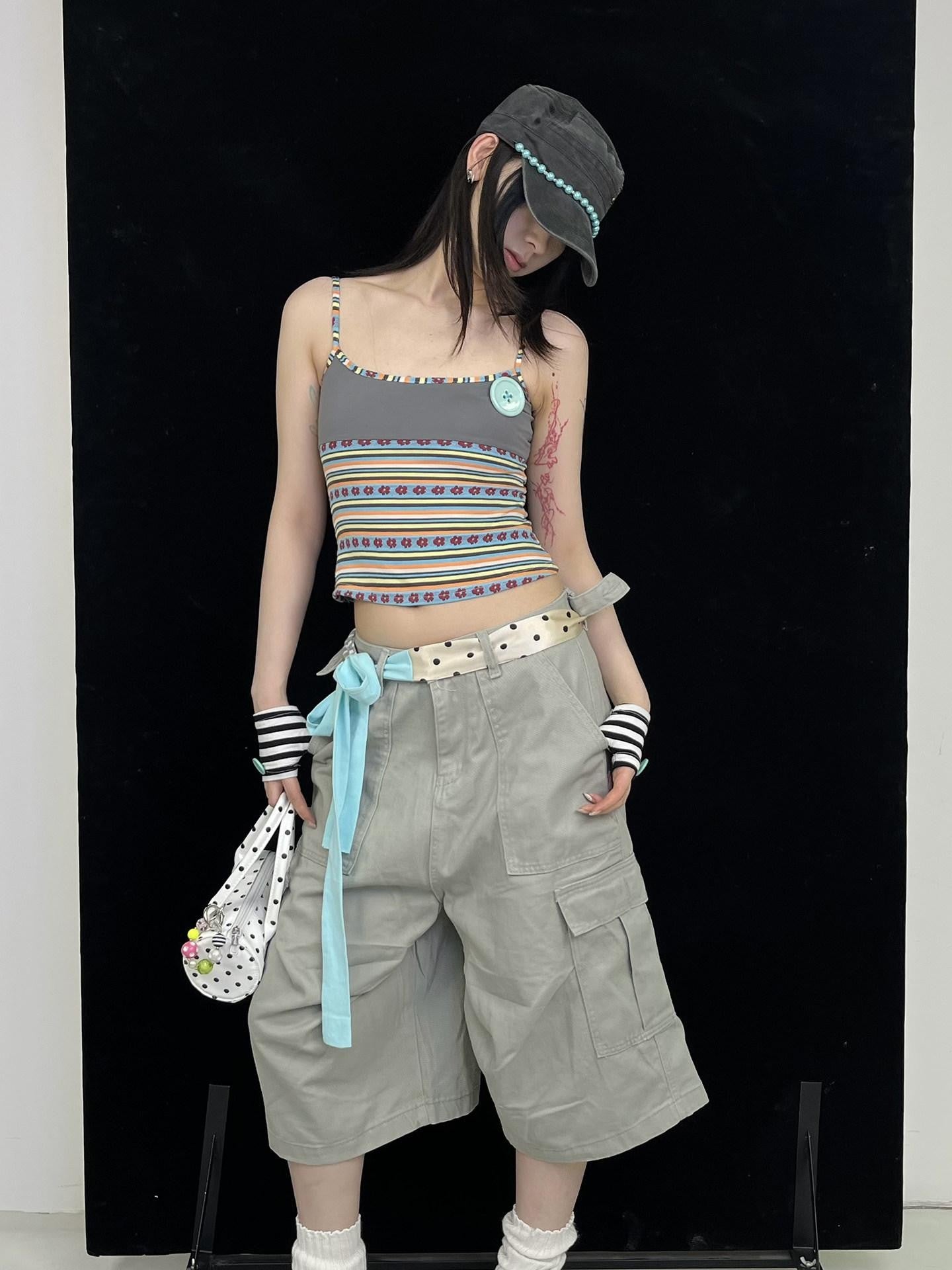Ttsunami Gray Striped Vintage Button Backless U Neck Slim Fit Women&