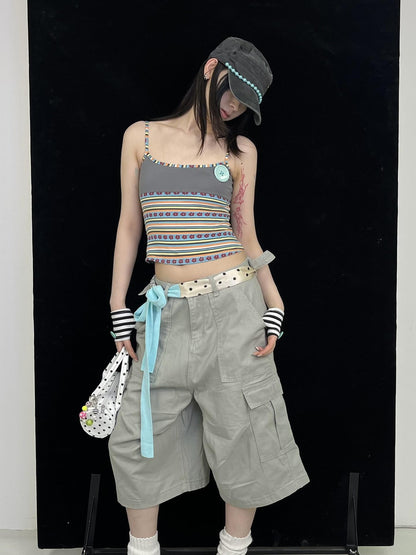 Ttsunami Gray Striped Vintage Button Backless U Neck Slim Fit Women&