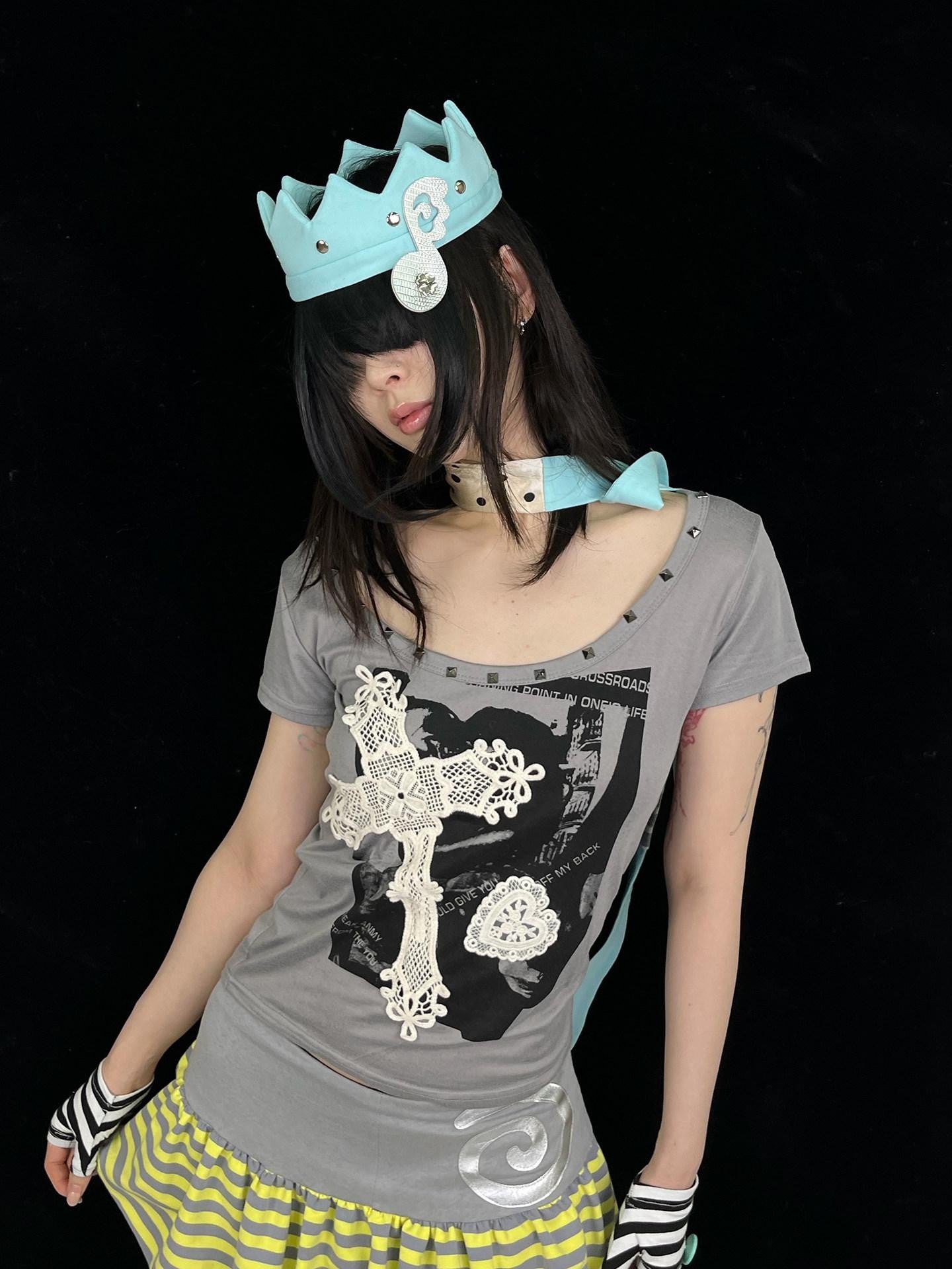 Ttsunami Grey Studded Baroque Heart Cross Print Women&