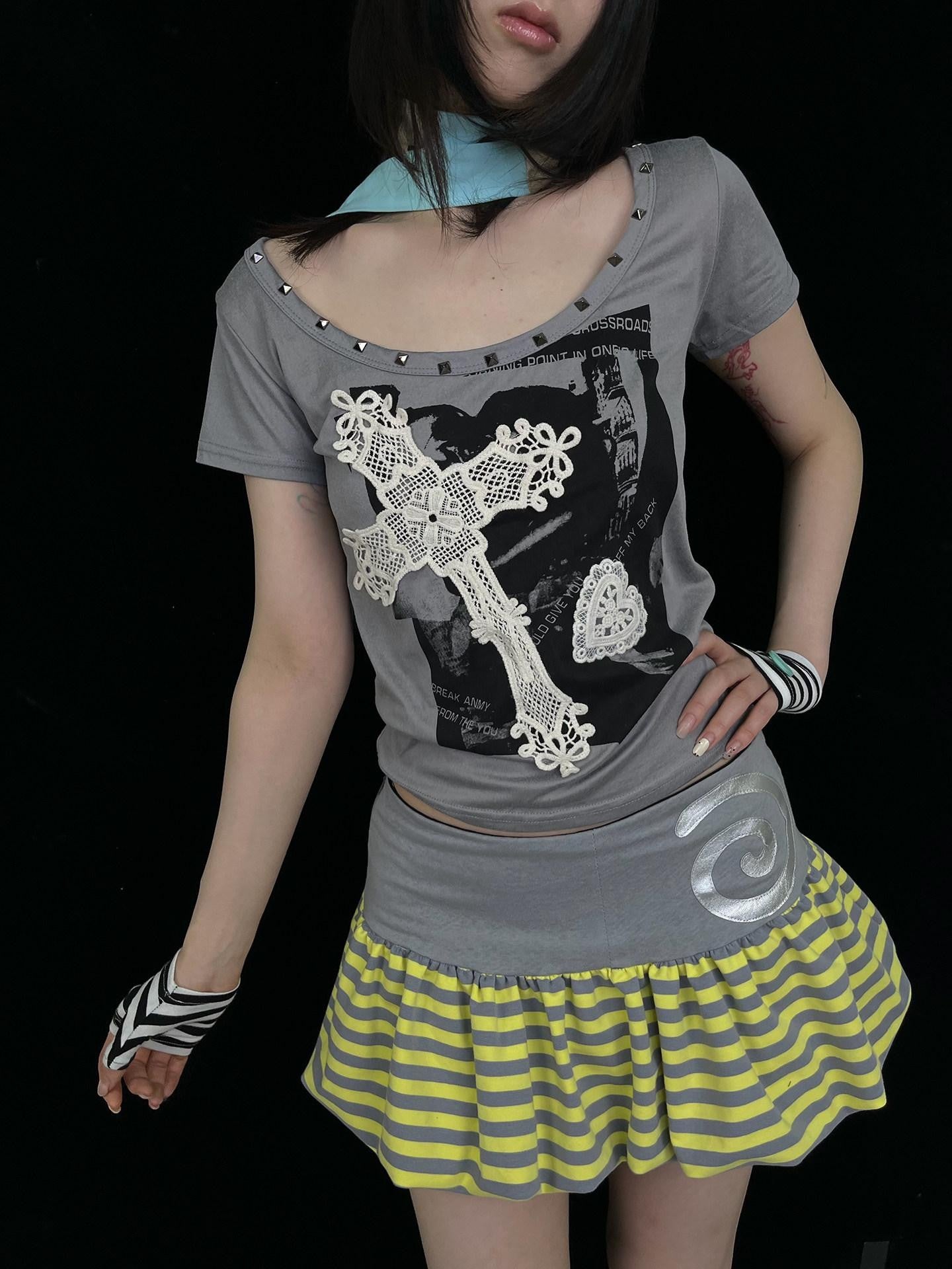 Ttsunami Grey Studded Baroque Heart Cross Print Women&