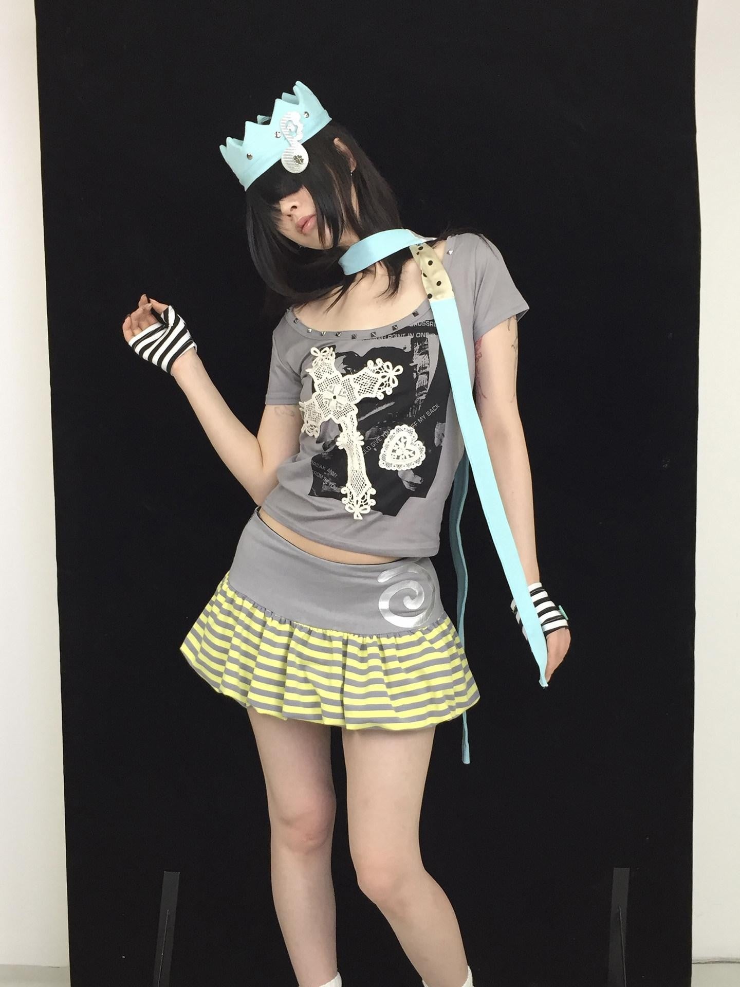 Ttsunami Grey Studded Baroque Heart Cross Print Women&