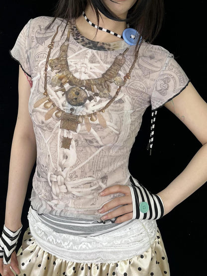 Ttsunami Light Grey Ethnic Print Layered Necklace Women&