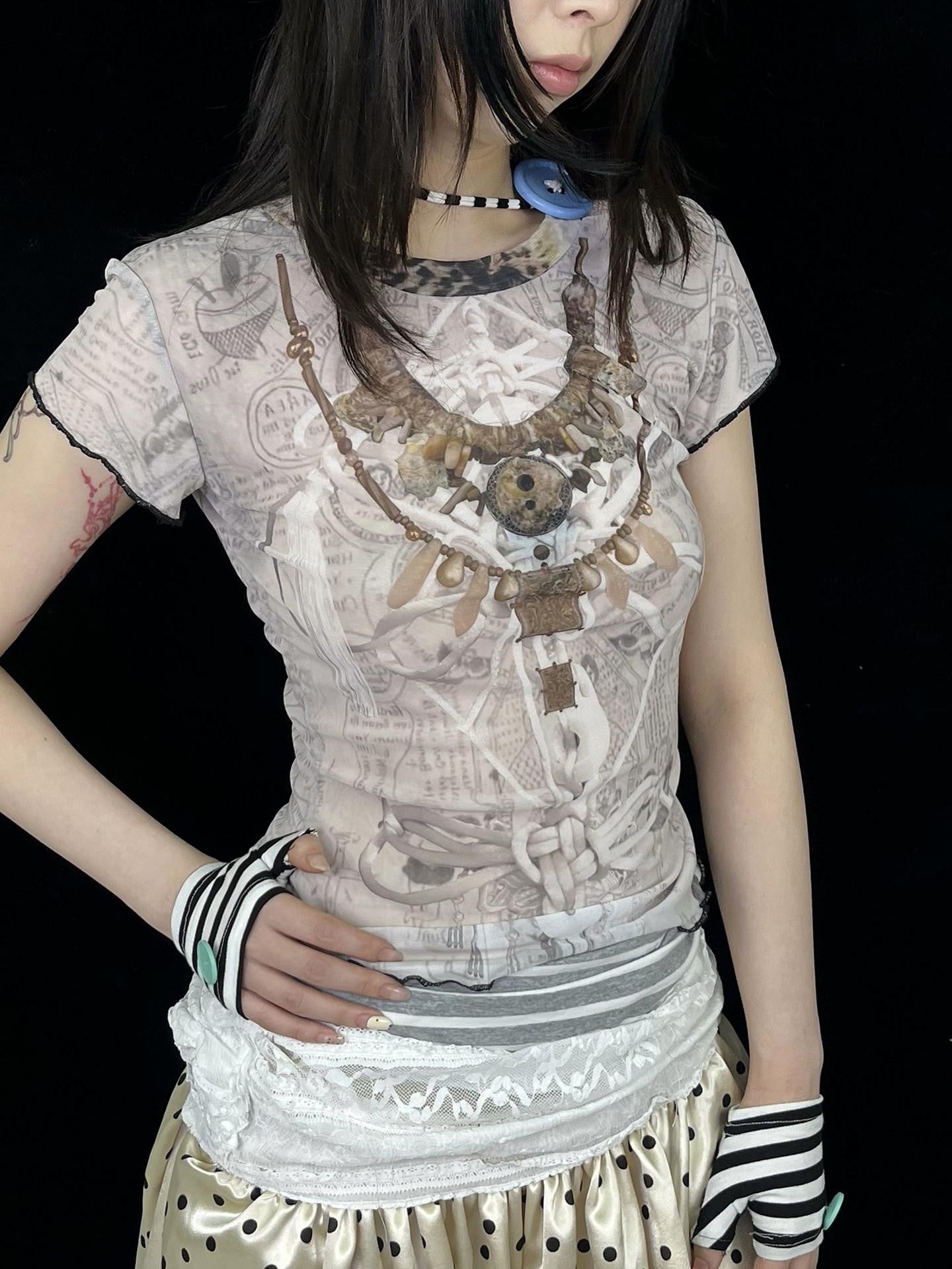 Ttsunami Light Grey Ethnic Print Layered Necklace Women&