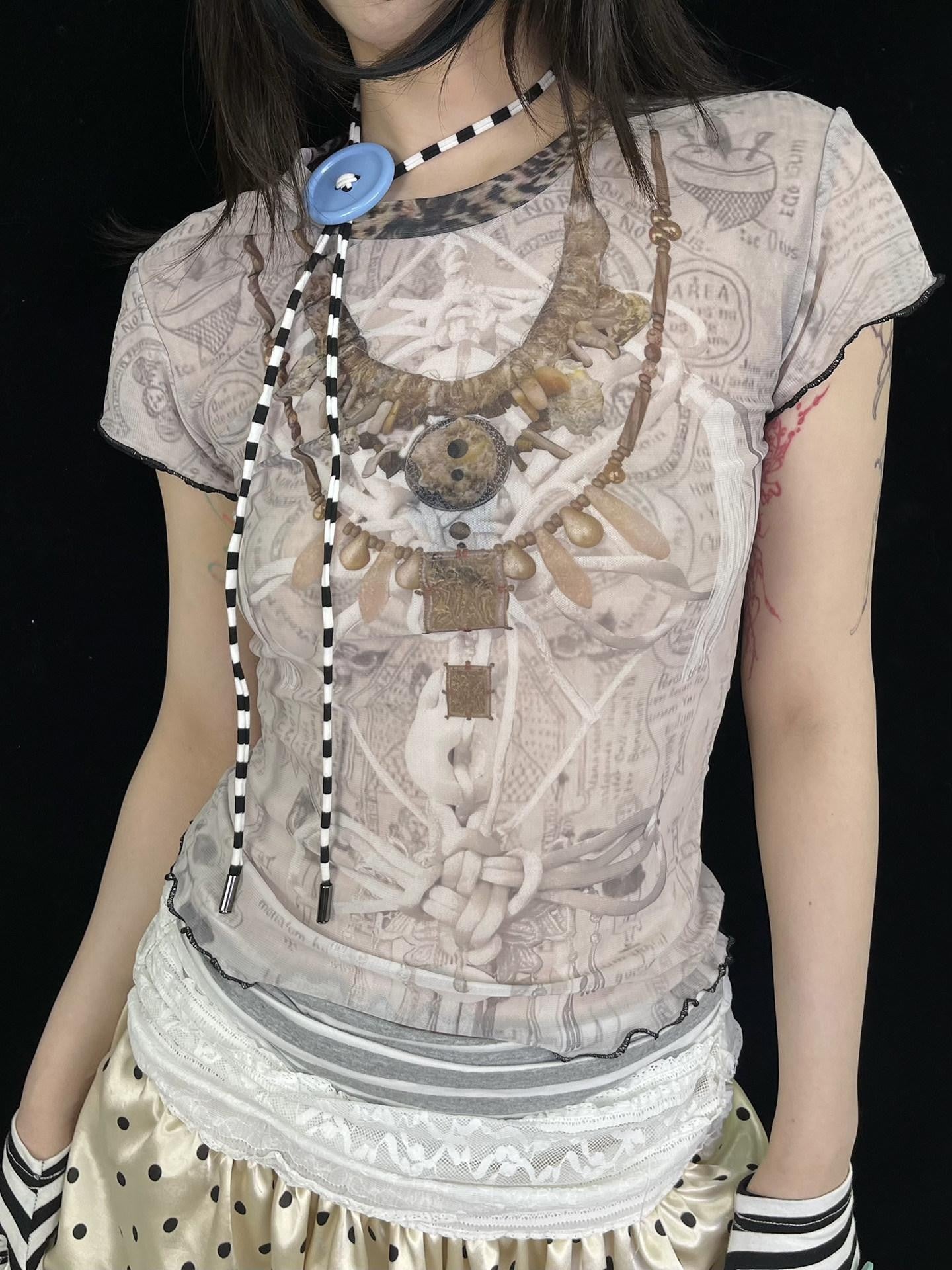 Ttsunami Light Grey Ethnic Print Layered Necklace Women&