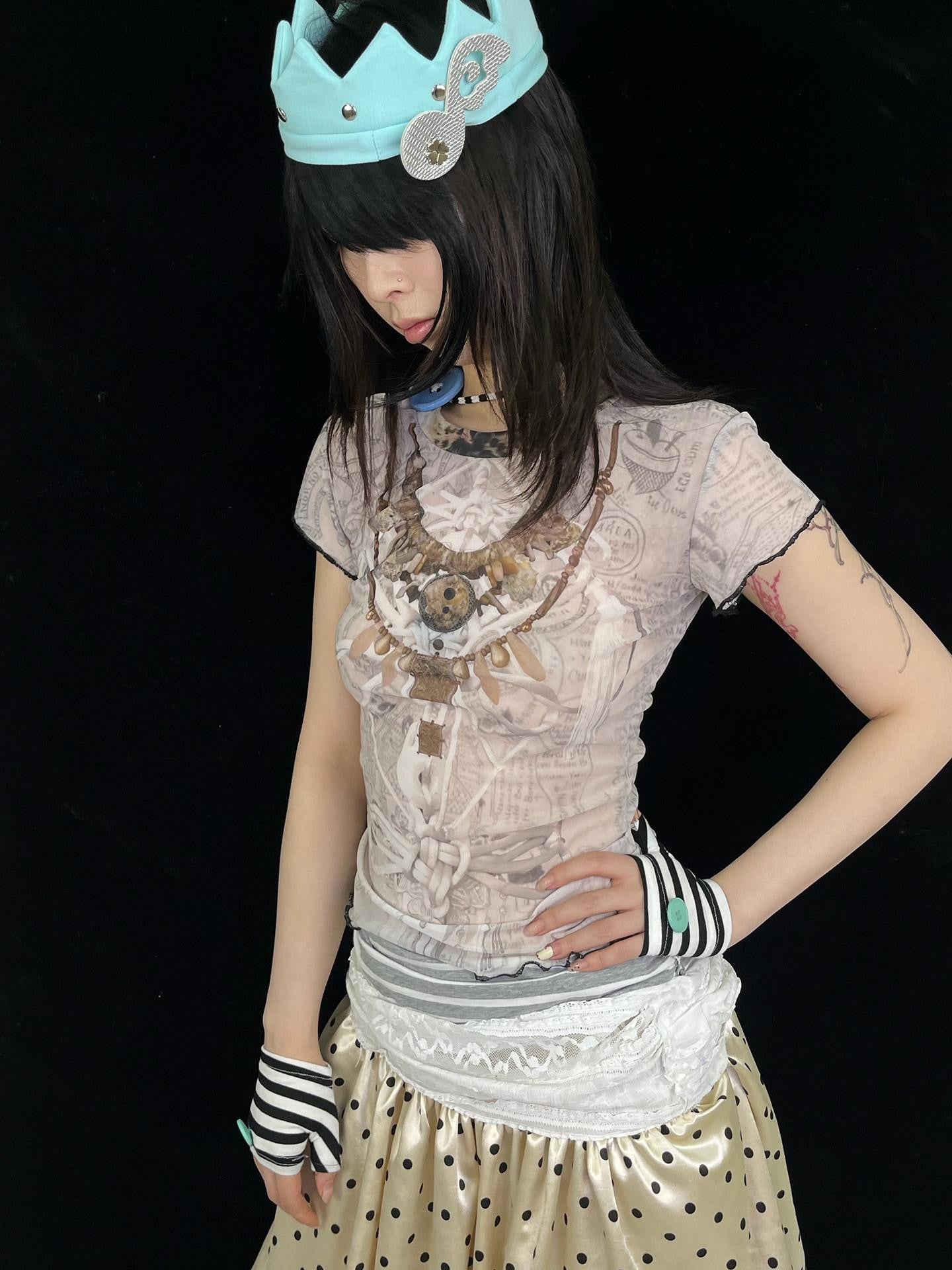 Ttsunami Light Grey Ethnic Print Layered Necklace Women&
