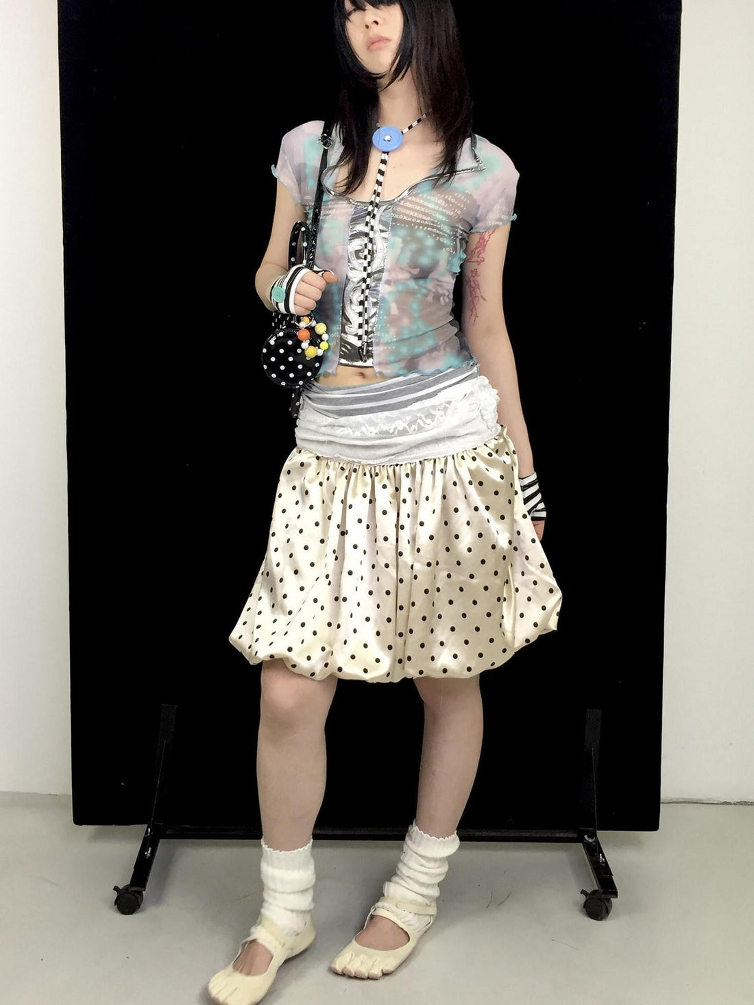 Ttsunami Light Yellow Black Polka Dot Lace Splice Lurex Women&