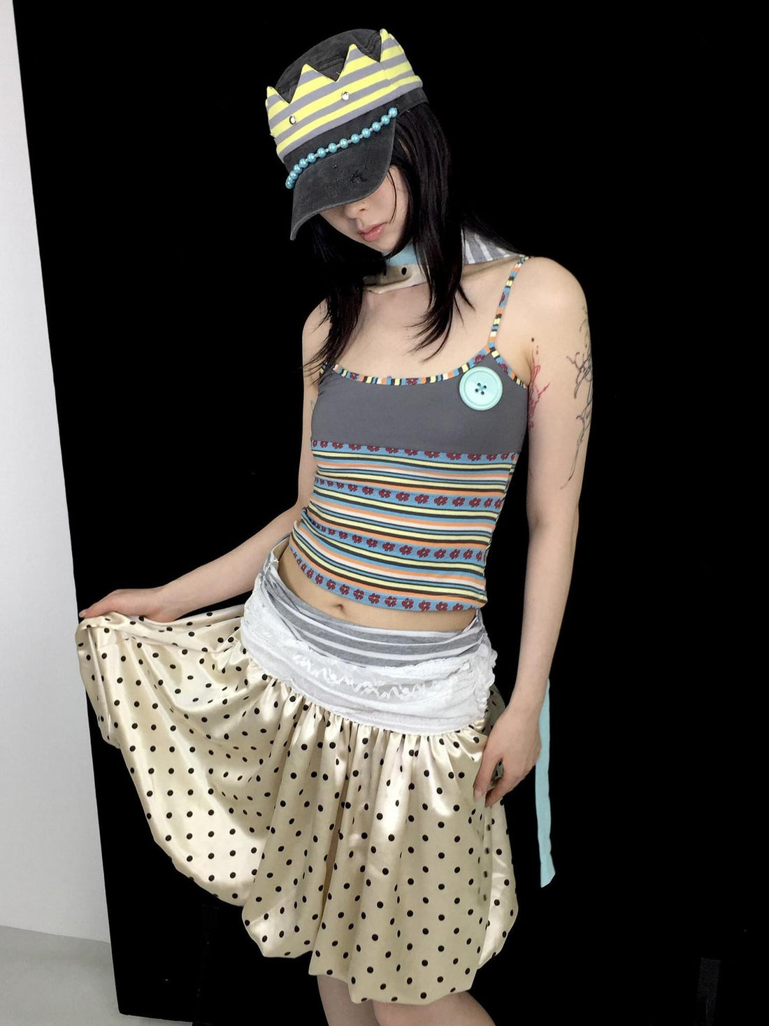 Ttsunami Light Yellow Black Polka Dot Lace Splice Lurex Women&