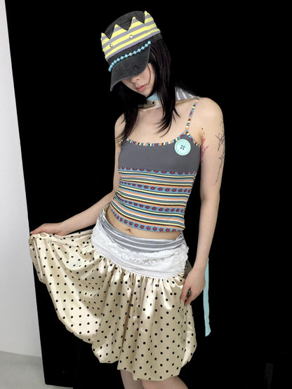 Ttsunami Light Yellow Black Polka Dot Lace Splice Lurex Women&