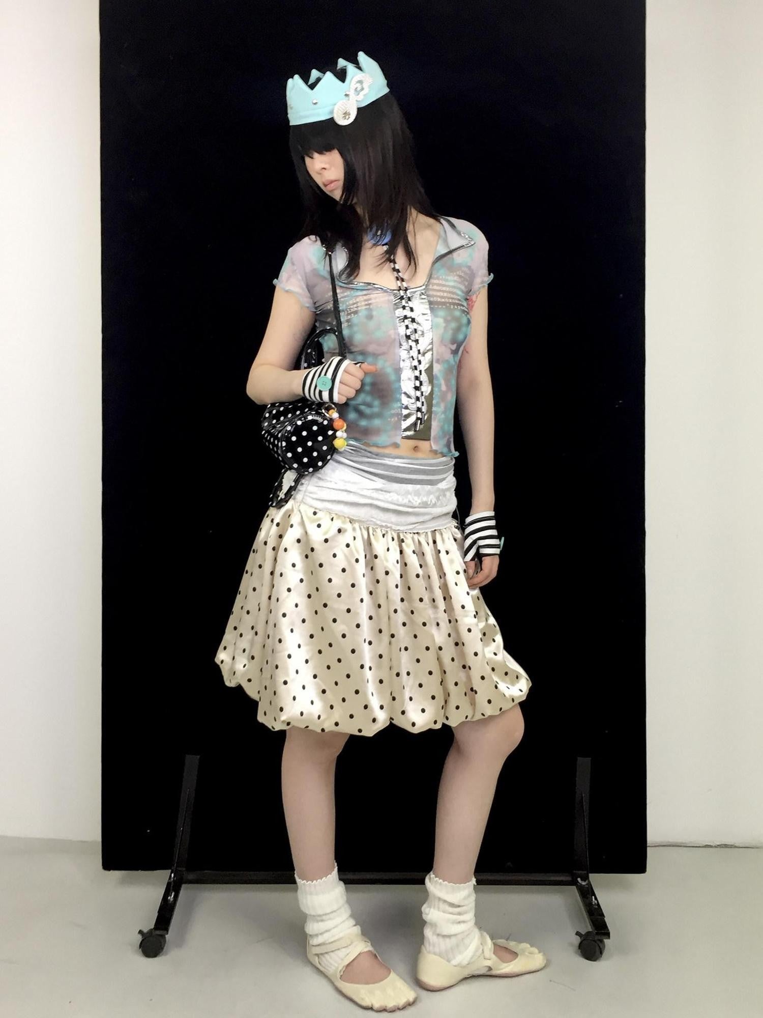 Ttsunami Light Yellow Black Polka Dot Lace Splice Lurex Women&