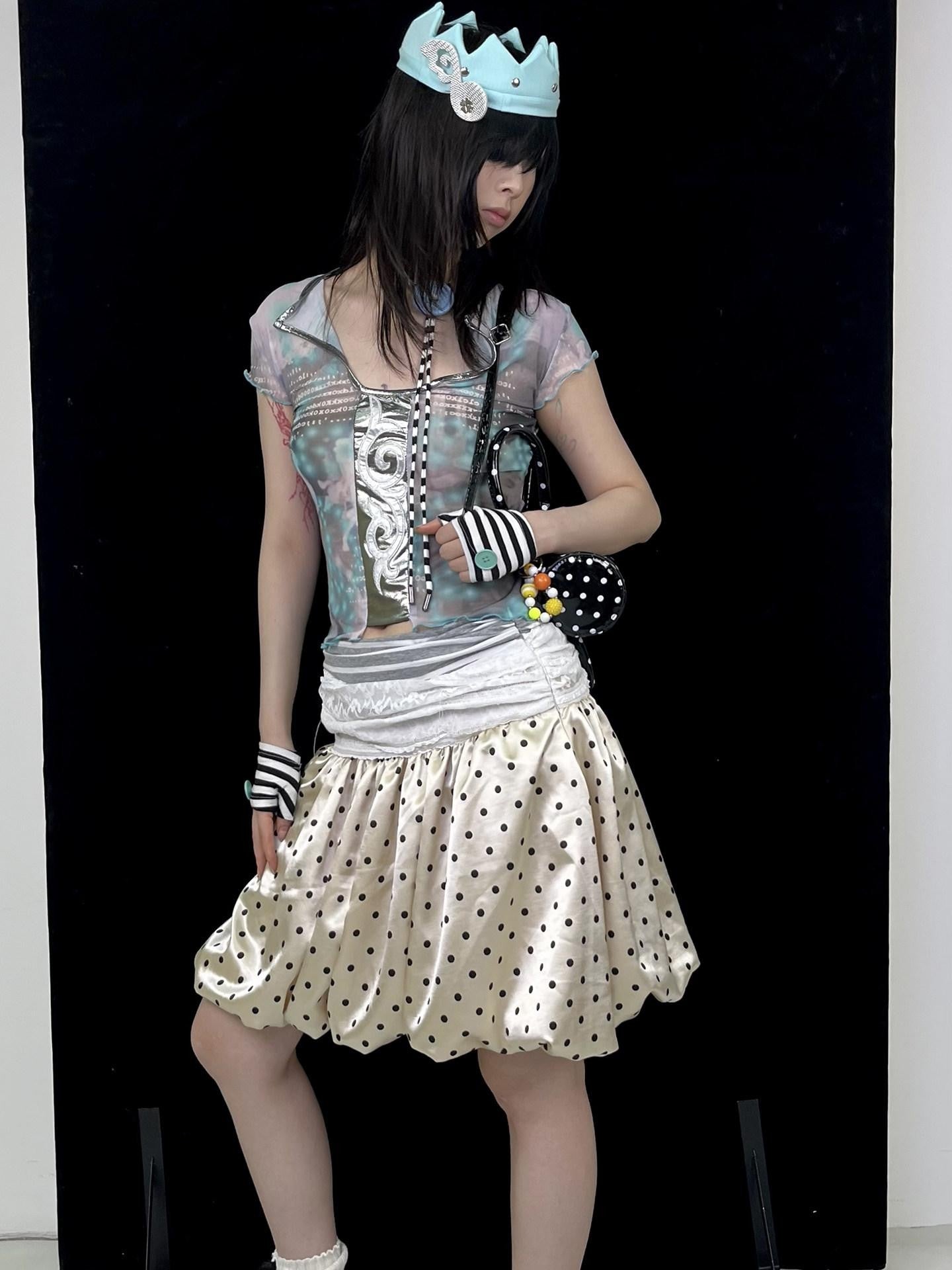 Ttsunami Light Yellow Black Polka Dot Lace Splice Lurex Women&