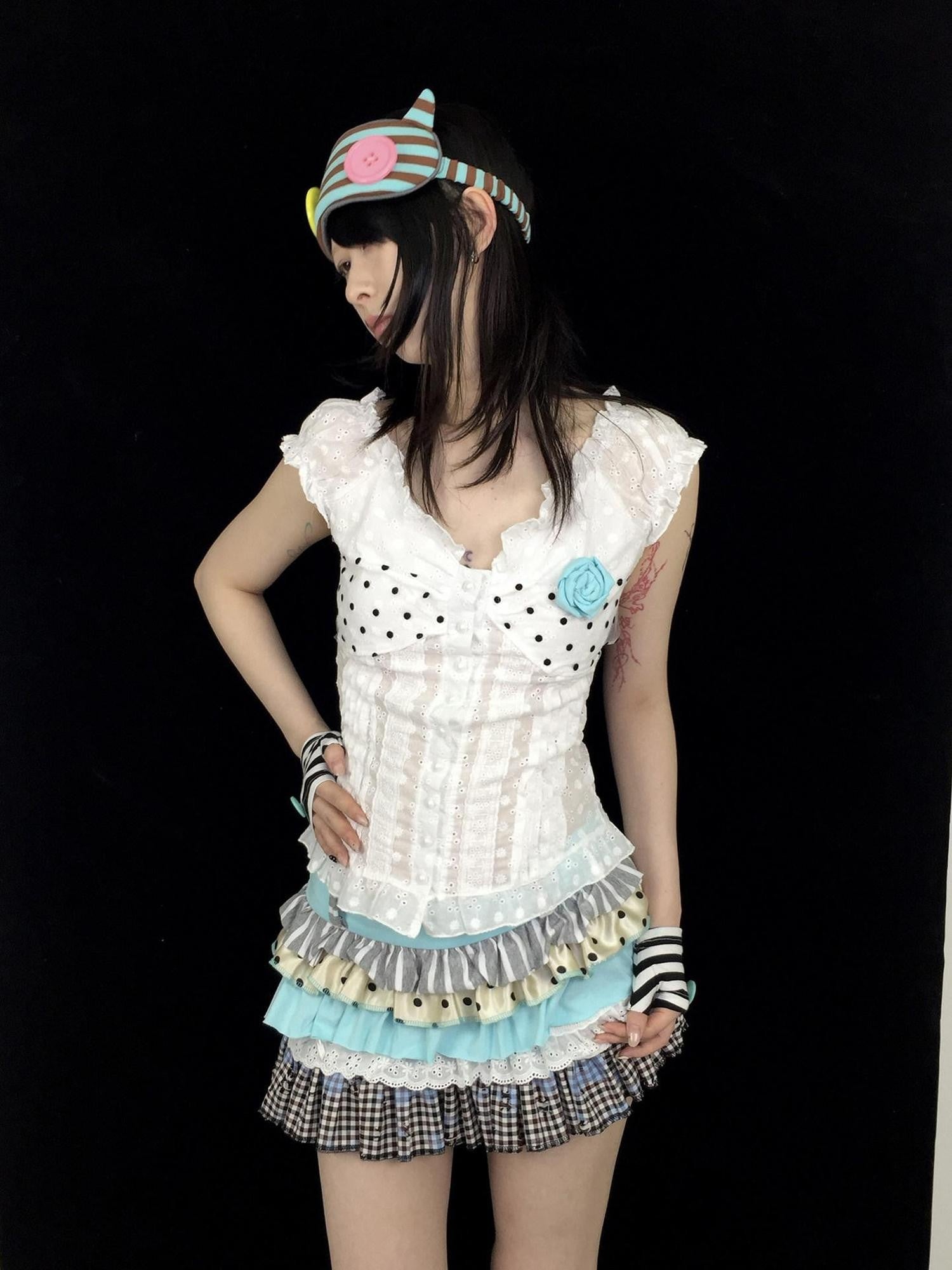 Ttsunami Mint Green Patchwork Polka Dot Striped Pleated High Waist Women&