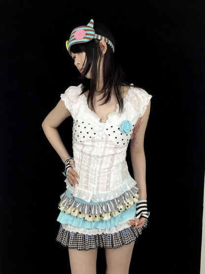 Ttsunami Mint Green Patchwork Polka Dot Striped Pleated High Waist Women&