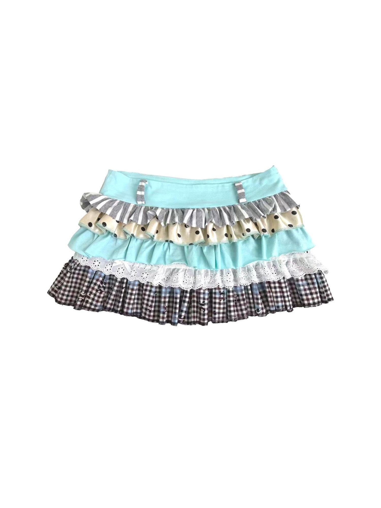 Ttsunami Mint Green Patchwork Polka Dot Striped Pleated High Waist Women&