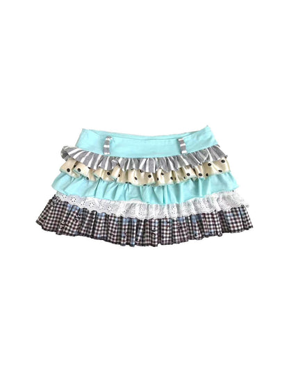 Ttsunami Mint Green Patchwork Polka Dot Striped Pleated High Waist Women&