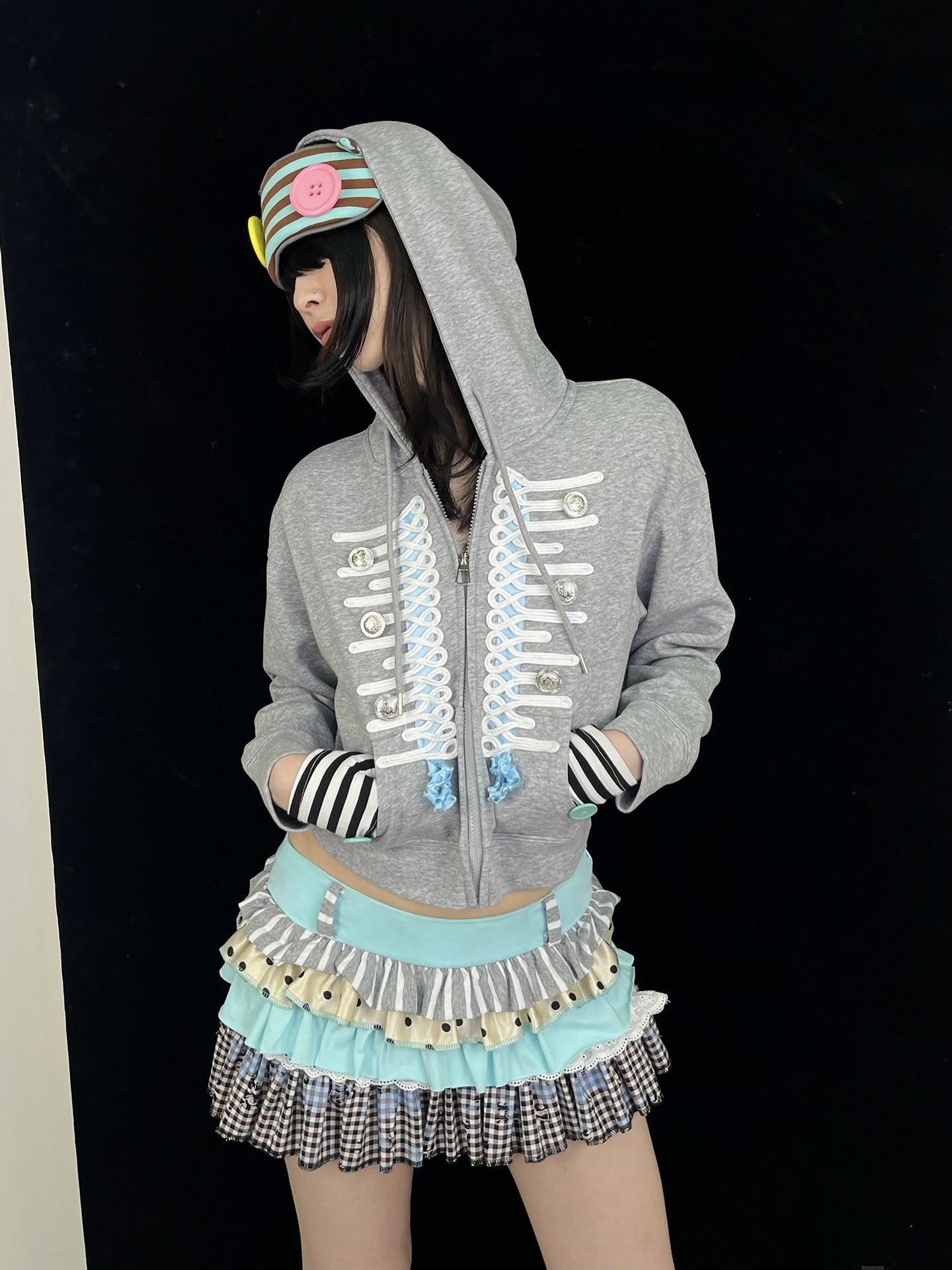 Ttsunami Mint Green Patchwork Polka Dot Striped Pleated High Waist Women&