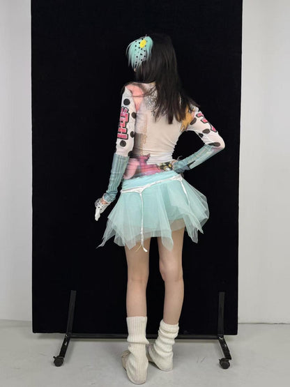 Ttsunami Mint Green Spliced Tulle Lace Waist Pleated Puff Women&