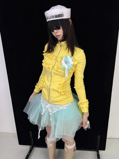 Ttsunami Mint Green Spliced Tulle Lace Waist Pleated Puff Women&