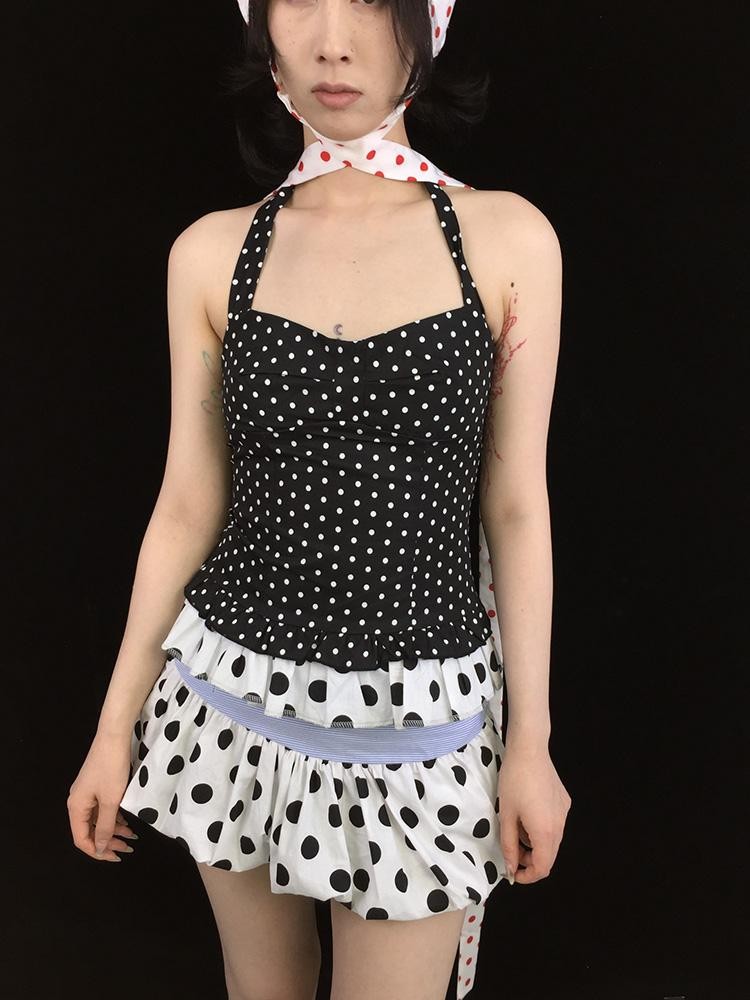 Ttsunami Polka Dot Lace Tie Back Backless Cropped Women&