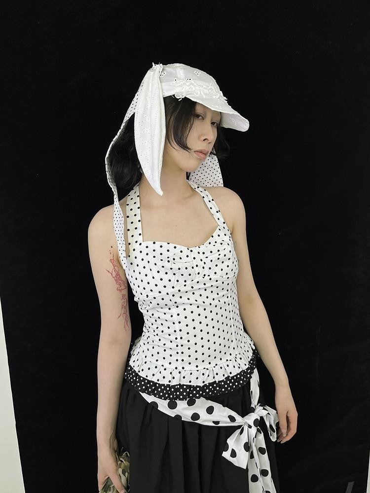 Ttsunami Polka Dot Lace Tie Back Backless Cropped Women&