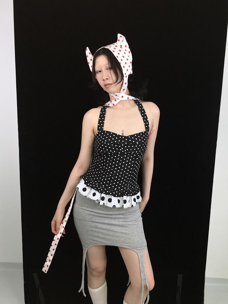 Ttsunami Polka Dot Lace Tie Back Backless Cropped Women&
