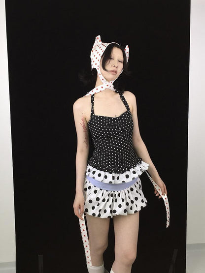 Ttsunami Polka Dot Lace Tie Back Backless Cropped Women&