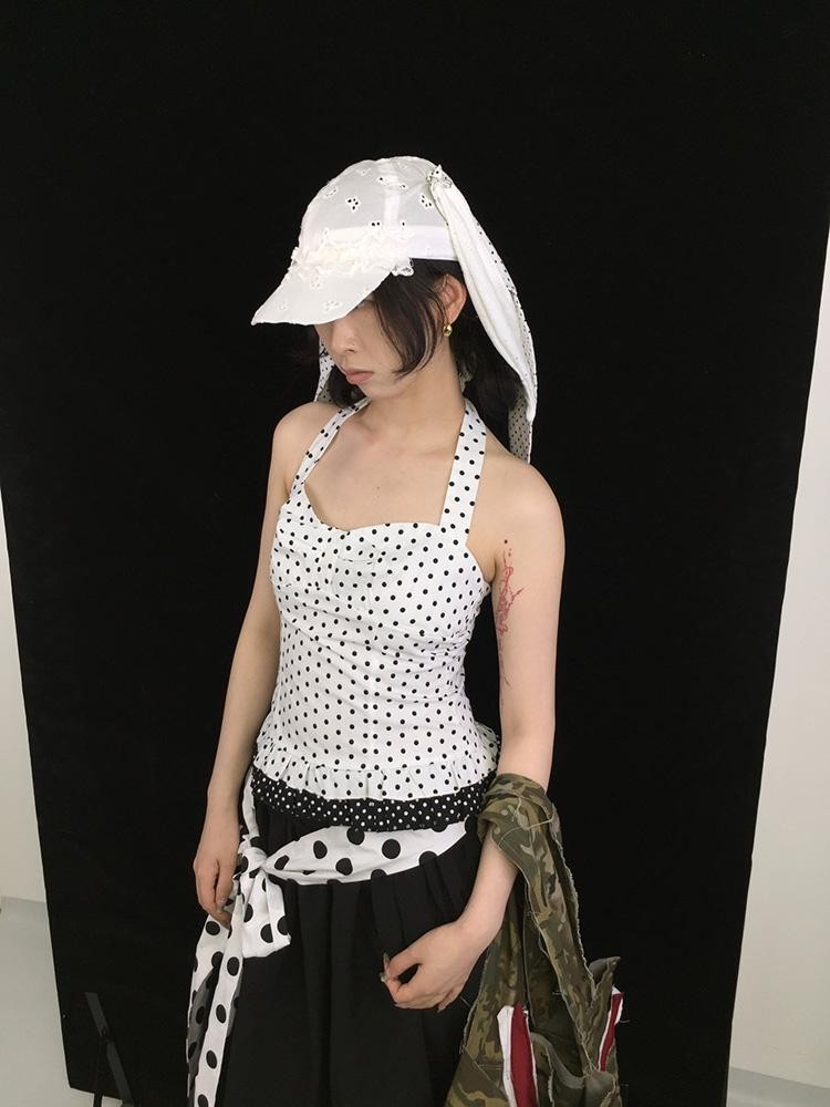 Ttsunami Polka Dot Lace Tie Back Backless Cropped Women&