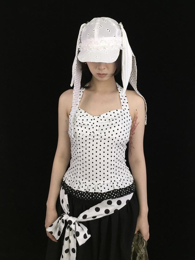 Ttsunami Polka Dot Lace Tie Back Backless Cropped Women&