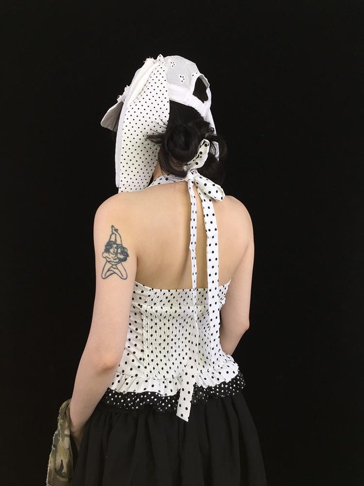 Ttsunami Polka Dot Lace Tie Back Backless Cropped Women&