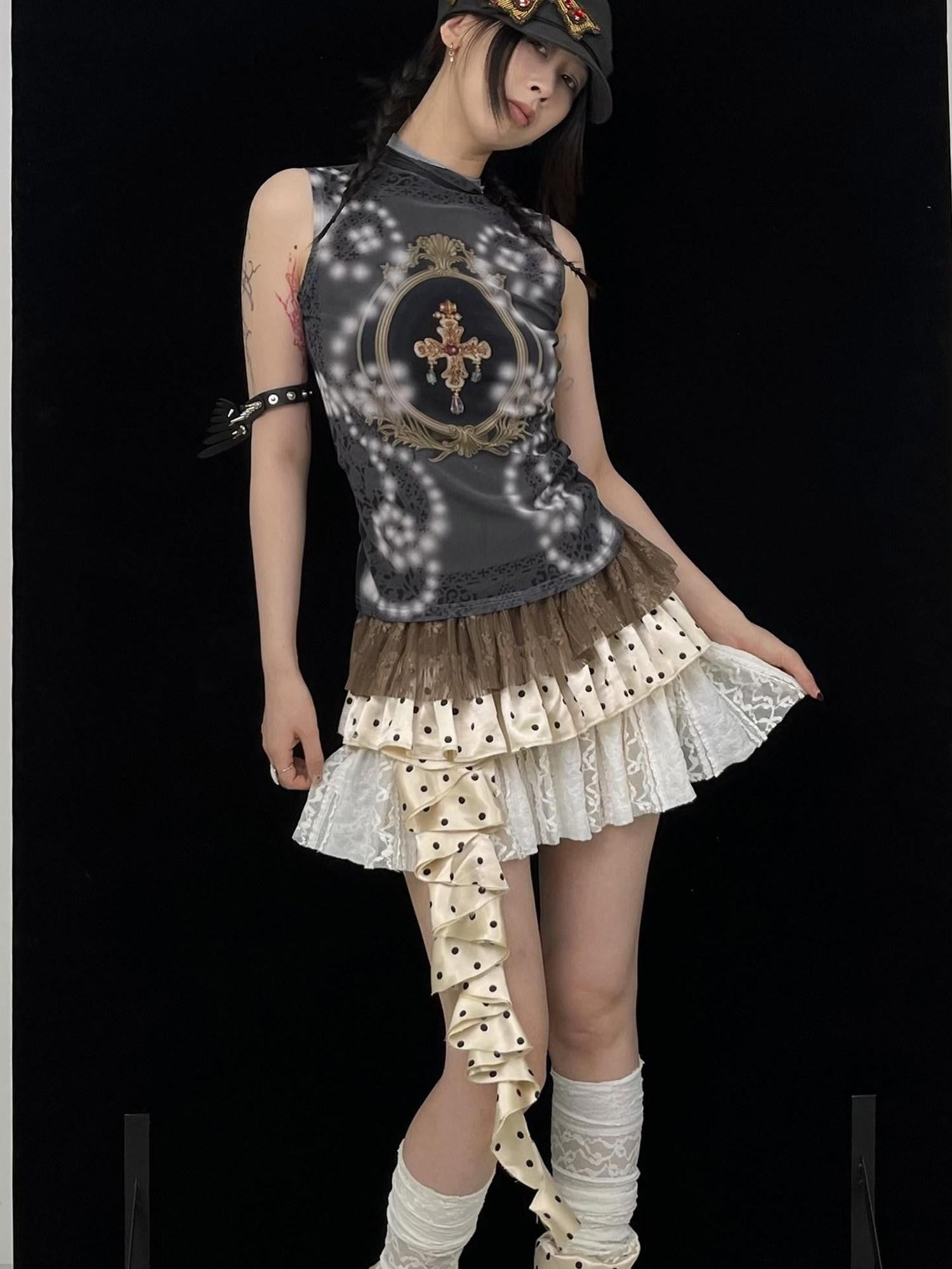 Ttsunami Polka Dot Ruffle Lace Patchwork Women&
