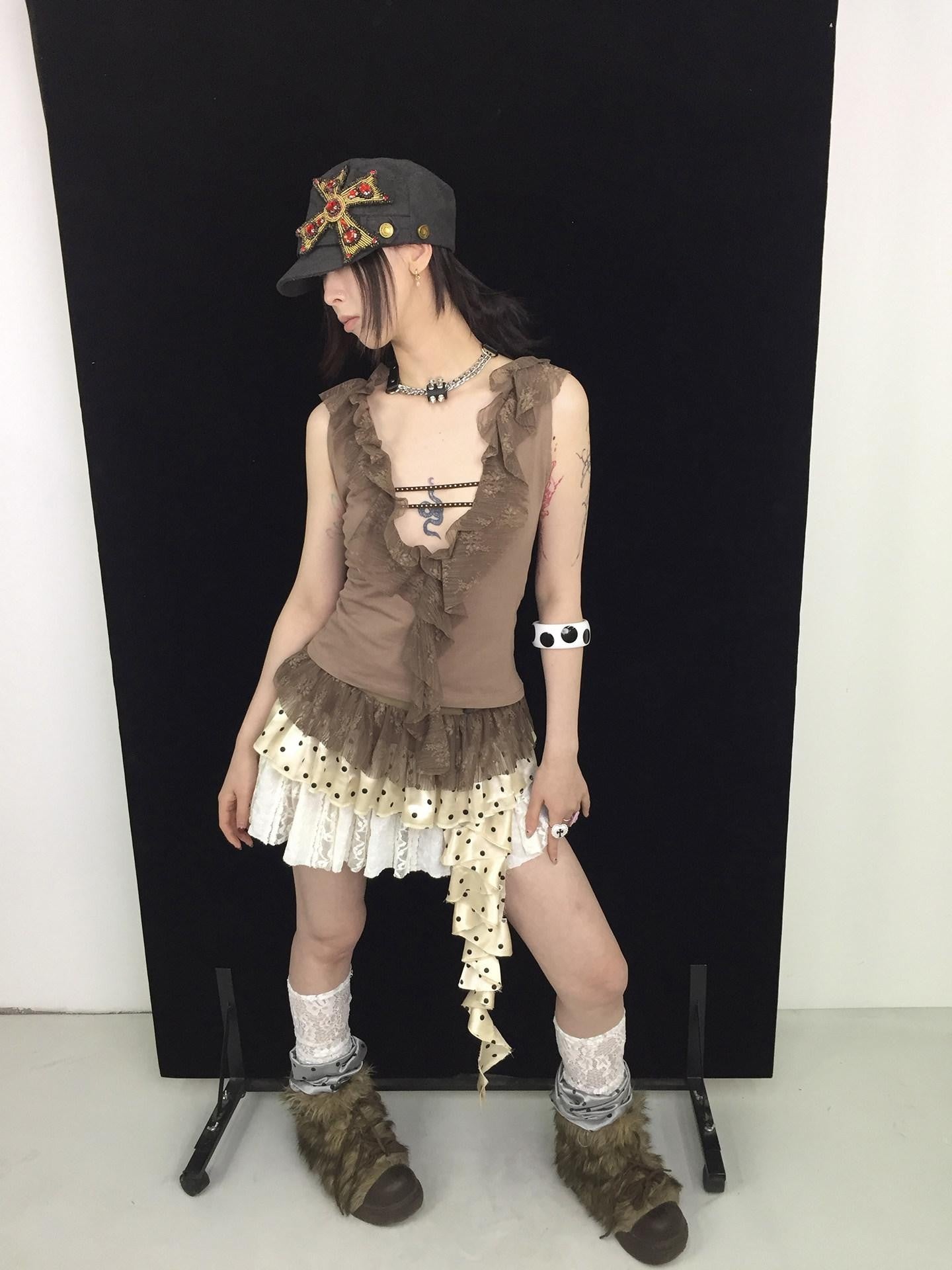 Ttsunami Polka Dot Ruffle Lace Patchwork Women&