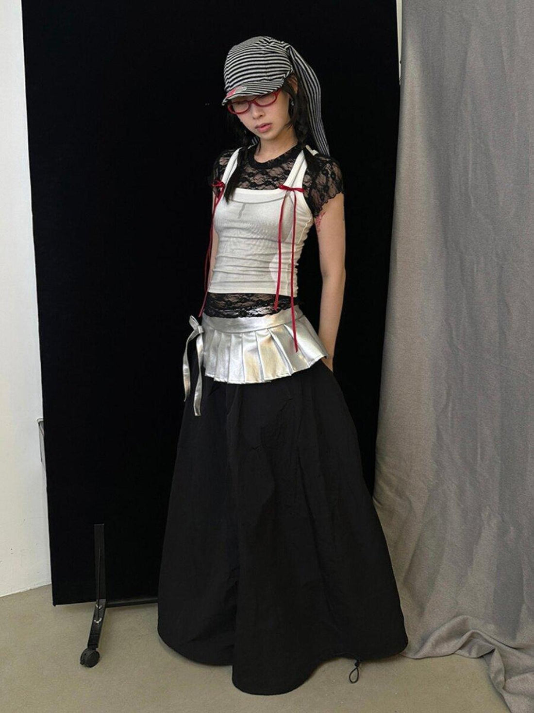 Ttsunami Silver Asymmetric Low Waist Pressed Pleats Women&