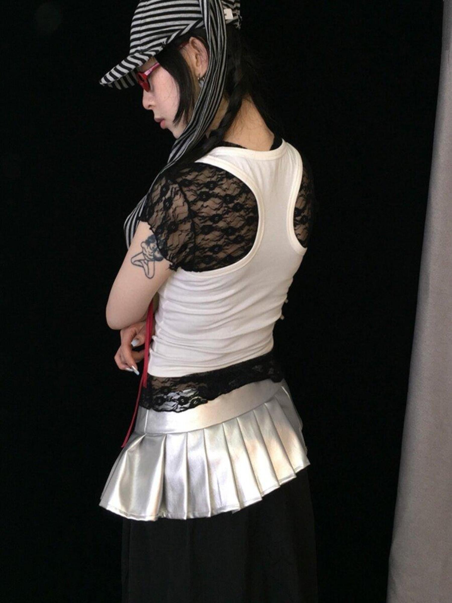 Ttsunami Silver Asymmetric Low Waist Pressed Pleats Women&