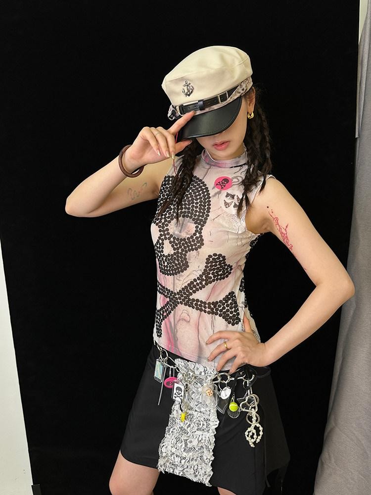 Ttsunami Skull Print Mesh Halter Slim Fit Women&