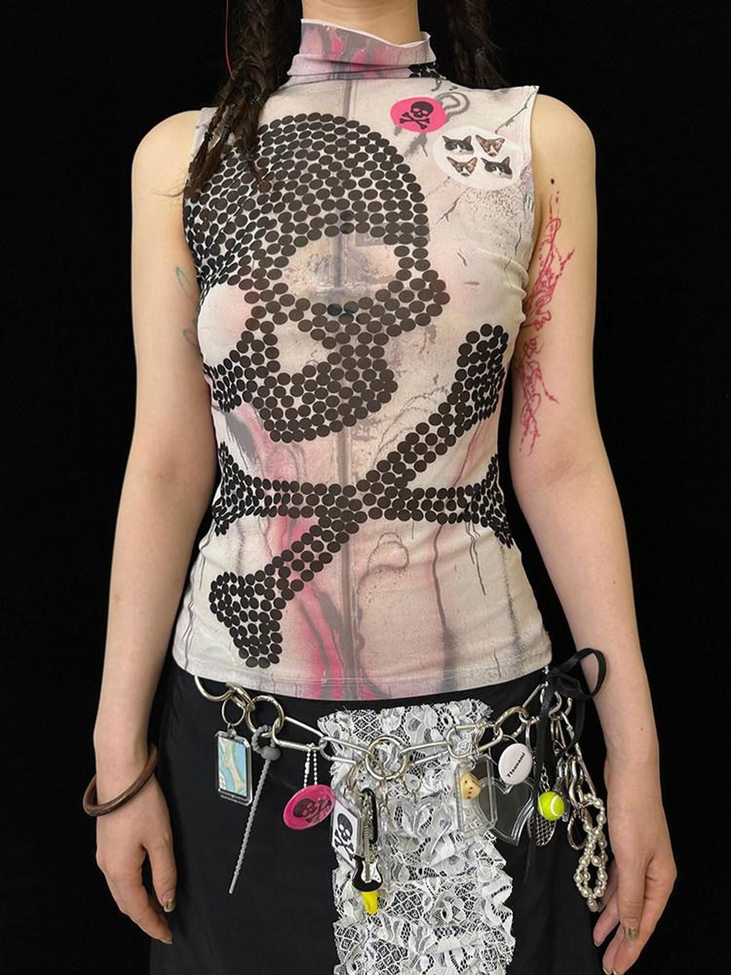 Ttsunami Skull Print Mesh Halter Slim Fit Women&