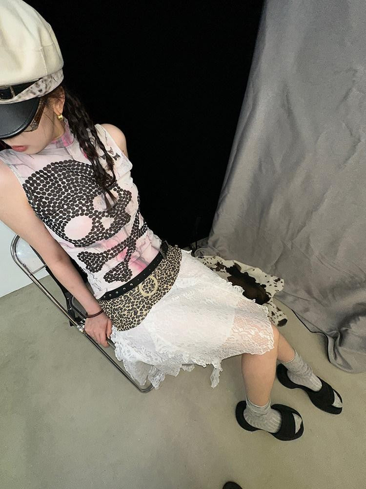 Ttsunami Skull Print Mesh Halter Slim Fit Women&