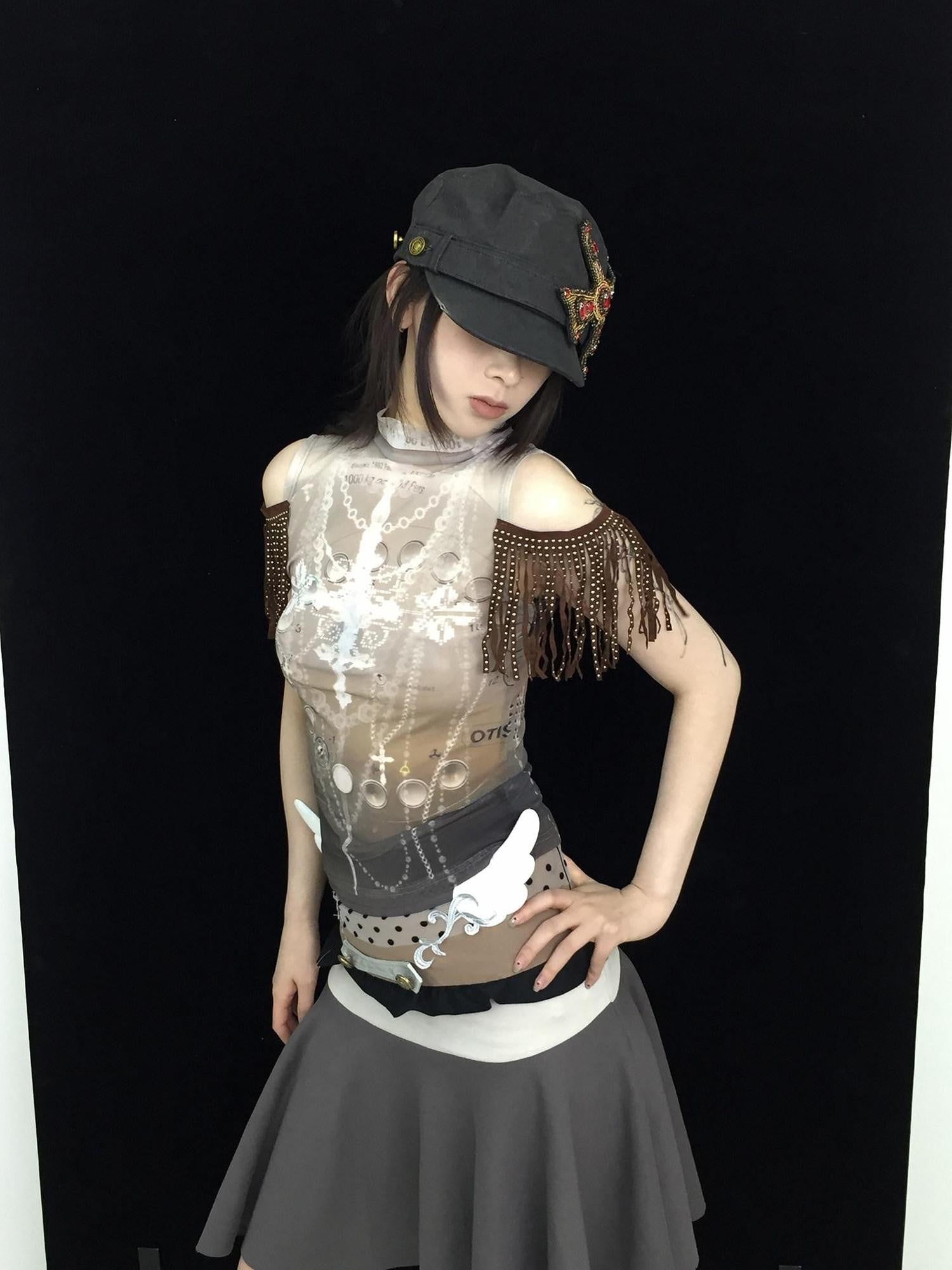 Ttsunami Striped Printed Rivet Tassel Sleeve Mock Neck Slim Hline Women&