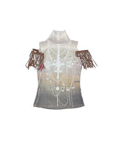 Ttsunami Striped Printed Rivet Tassel Sleeve Mock Neck Slim Hline Women&