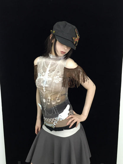 Ttsunami Striped Printed Rivet Tassel Sleeve Mock Neck Slim Hline Women&